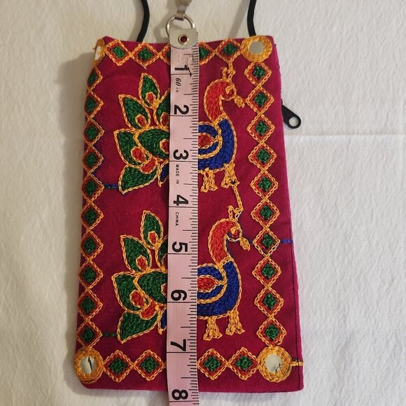 Women's Multi-Color Embroidered Peacock Small Zip Pocket Crossbody Bag Boho Cell - Picture 6 of 10